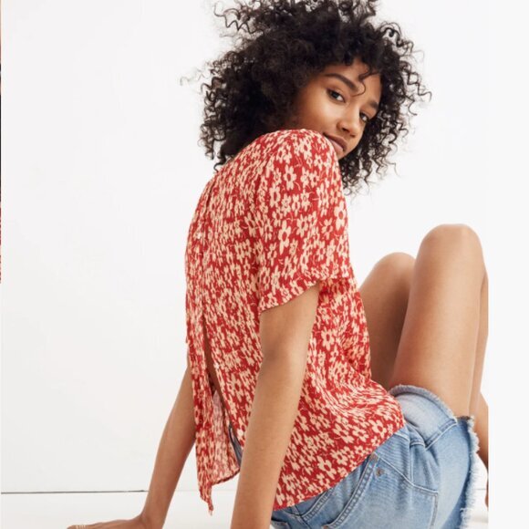 Madewell Women's Red/Cream Crinkled Button-Back Tie Tee in Full Bloom Size Small - Picture 8 of 8